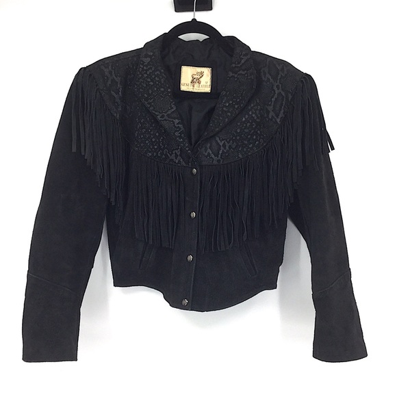 Vintage Jackets & Blazers - Vintage Suede Leather Fringe Jacket Festival Black